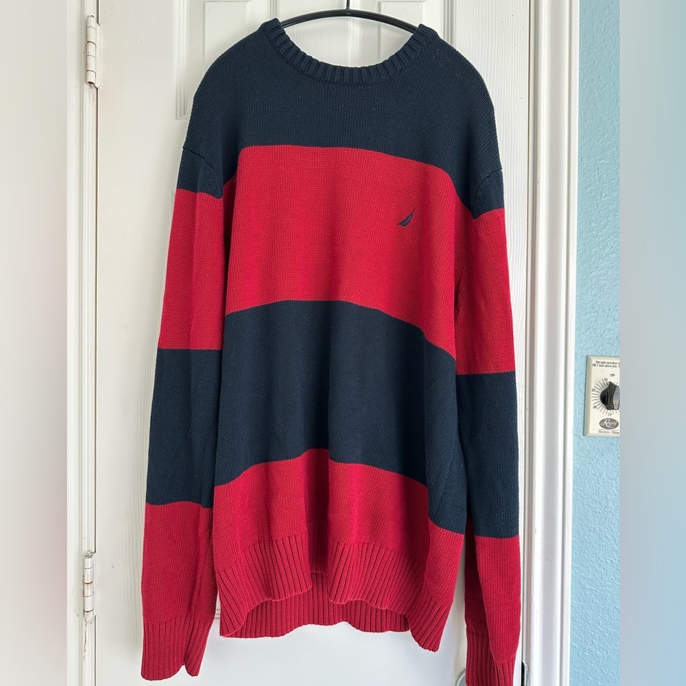 Vintage 00s Nautica Red‎ Navy Colorblock Knit Sweater Classic Nautical Preppy XL